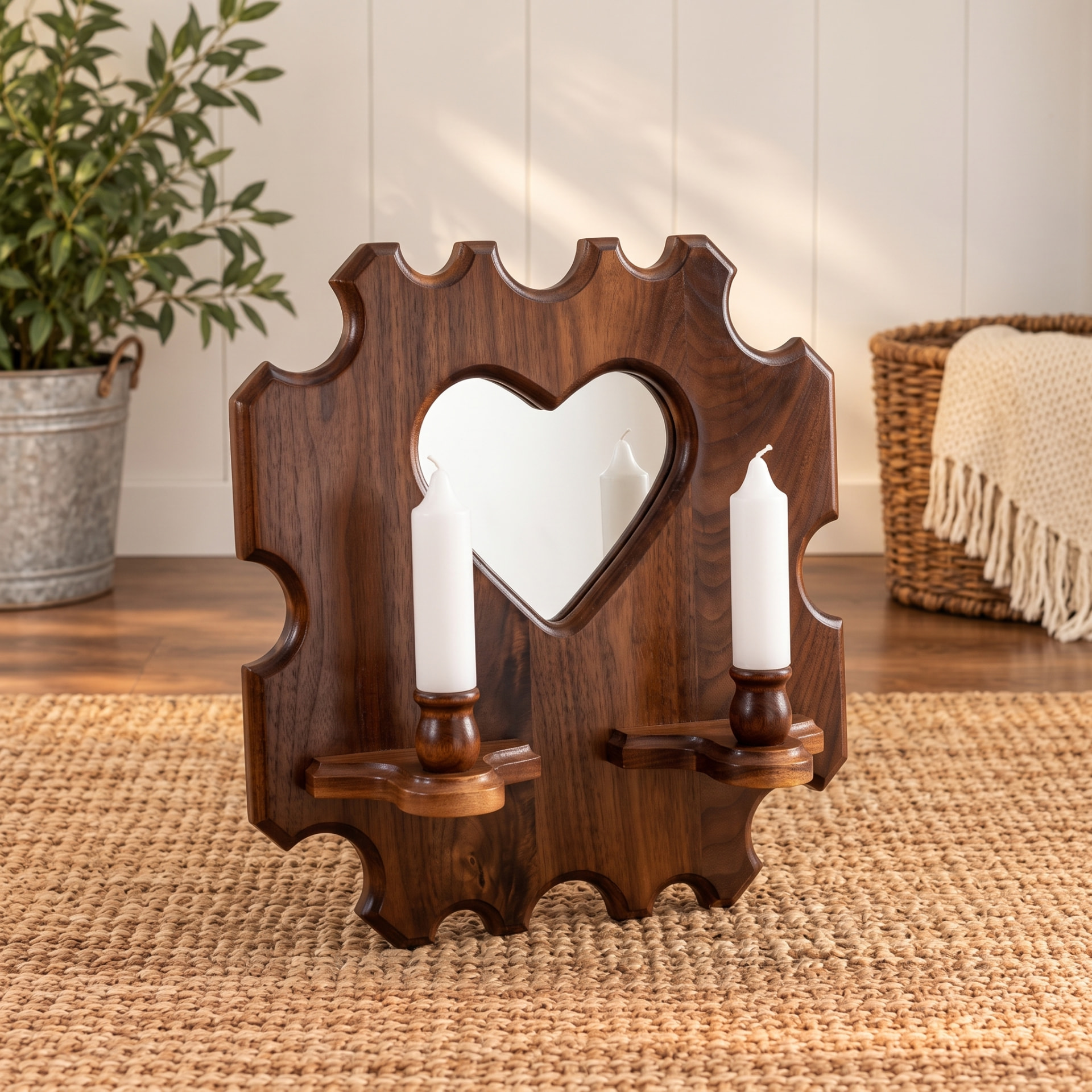 Black walnut wall plaque with heart-shaped mirror and two candle shelves