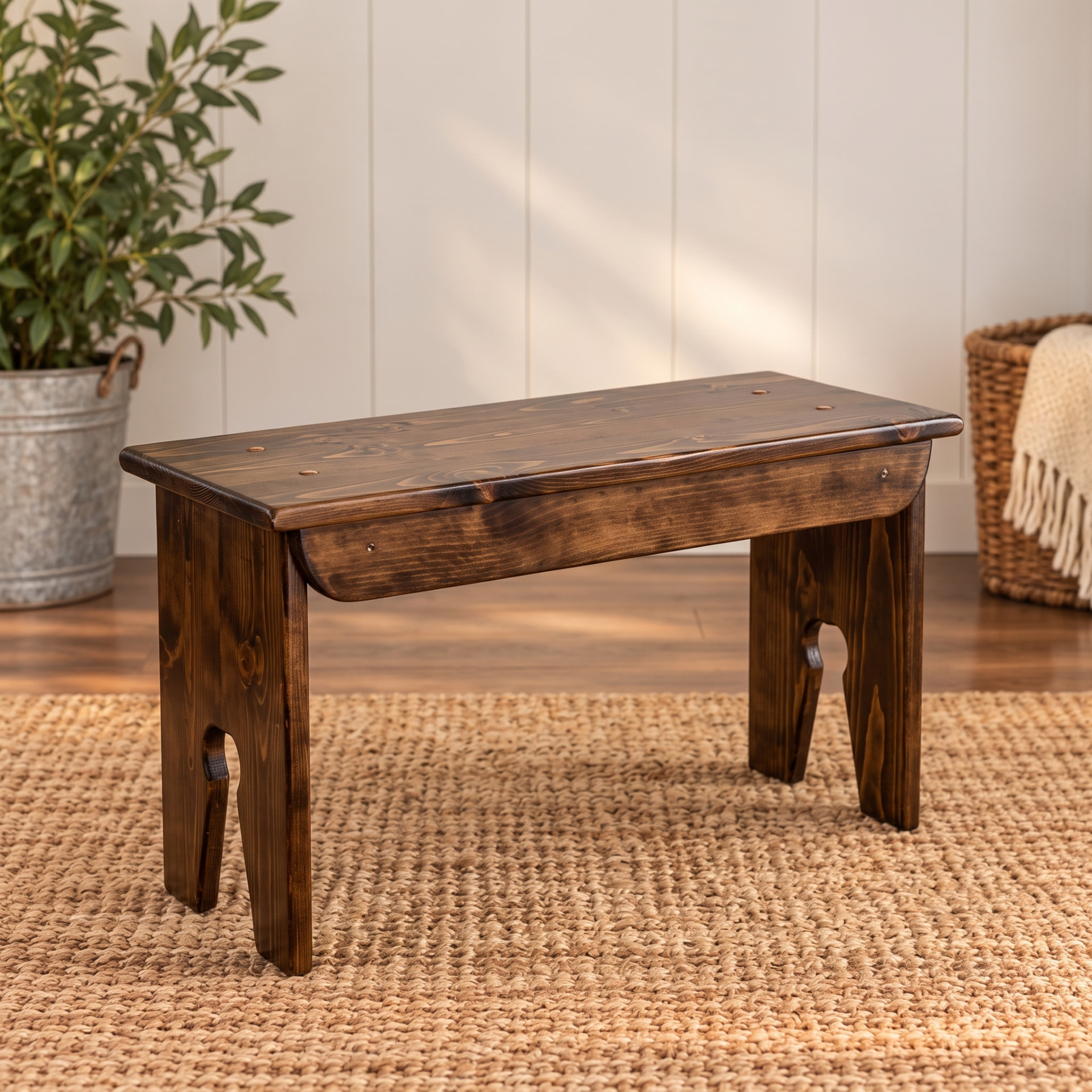 Dark stained solid wood bench on a woven rug