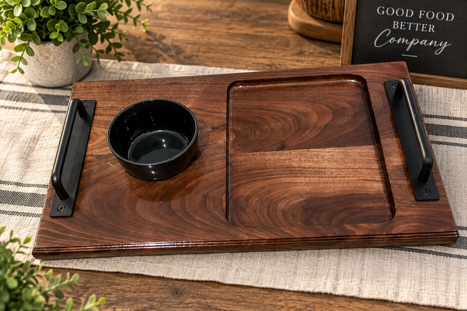 Walnut serving tray with recessed bowl cutout